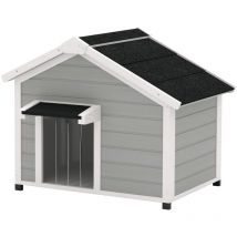 Niche chien sur pied design cottage - toit bitumé ouvrant, 2 portes, rideau à lanières - bois blanc gris
