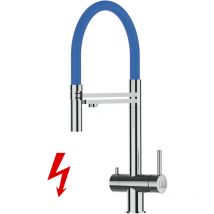 Niederdruck 3 Wege Edelstahl Massiv Küchenarmatur Spültischmischer, mit 360° schwenkbarem Blau Auslauf und 2 strahl Handbrause - Hochglanz