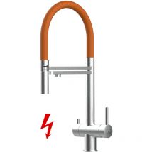 Vizio - niederdruck 3 Wege Edelstahl Massiv Küchenarmatur Spültischmischer, mit 360° schwenkbarem Orange Auslauf und 2 strahl Handbrause - Gebürstet