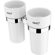 Unix - Bicchierini per spazzolino e dentifricio con supporto, ceramica bianca/cromo un 13058DKN-26 - Nimco