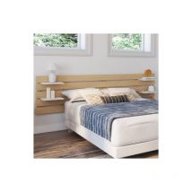 Nina 240 cm cabecero de madera clara con 5 lamas anchas y estantes blancos