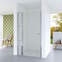 Nischentür Dusche mit Duschtür Drehtür Schwingtür und Festteil, Chromoptik, Innen- und Außenöffnung, 5 mm esg Echtglas klar, Acryl- Eckregalen, Höhe