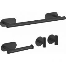 RHAFAYRE No drilling 4 piece bathroom accessory set, 16 inch black stainless steel toilet roll holder and 2 coat hooks