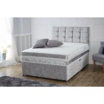 Furniturestop - Divan Bed Crushed Silver Velvet Fabric Bed + Mattress - 13.5 Memory Spring Mattress- No drawers-3ft