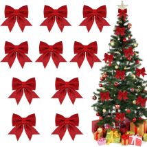 Noeud Rouge Noel,10 Pièces Arcs de Noël Pailletés, Noeud de Ruban de Noël, Noeud Sapin Noel, Noeuds Pailletés, Decoration Sapin Noel