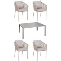 HHG - non utilizzato] Set da giardino 616, salotto tavolo+4xsedie, alluminio 140x80cm, intreccio corda, grigio chiaro cuscini grigio