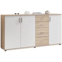 Stella Trading bobby, Cassettiera, effetto rovere Sonoma, bianco, credenza elegante con ampio spazio disponibile per la zona giorno 160 x 82 x 35 cm,
