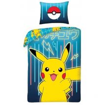 Halantex - Set di biancheria da letto, grafica di colore giallo e blu con Picachu dei Pokémon, set da 2 pezzi, copripiumino 140 x 200 cm e 1 federa,