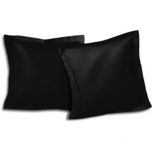 Lot De 2 Taies d'oreiller Volant Plat Piqué 57 Fils, Coton, Noire, 63x63 cm HP61342 - Home Linge Passion