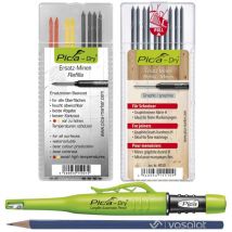 Pica - Set di pennarelli Pica Dry con 10 mine di ricambio, durezza h, per falegnami e 8 mine di ricambio, grafite, 2 B/rosso/giallo