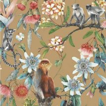 Galerie - Jungle Wallpaper Tropical Animal Gold Cream Floral Monkey Lemurs Vinyl