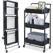 Keepbuying - Desserte à roulettes Pliante Chariot de Service Desserte Roulante à 3 Paniers de Rangement 40 x 30 x 89.5cm - Noir