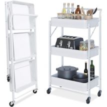 Keepbuying - Desserte à roulettes Pliante Chariot de Service Desserte Roulante à 3 Paniers de Rangement ‎40 x 30 x 89.5cm - Blanc