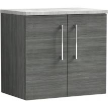Arno Wall Hung 2-Door Vanity Unit with Bellato Grey Worktop 600mm Wide - Anthracite Woodgrain - Nuie