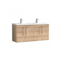 Nuie - Arno Bleached Oak Woodgrain 1200mm Wall Hung 4 Door Vanity Unit and Double Polymarble Basins - ARN3023C