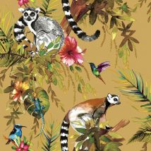 Ochre Lemur Wallpaper Holden Decor Yellow Green Pink Jungle Tropical Birds