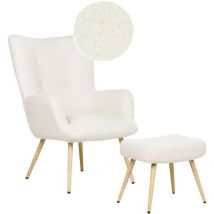 Ohrensessel mit Hocker Cremeweiß Stoffbezug Bouclé Gesteppt Teddy-Optik Metallbeine Wohnzimmer Schlafzimmer Sessel Polstersessel Armsessel