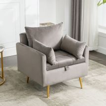 Okwish - Chaise, fauteuil, ottoman avec rangement, coussin et accoudoirs en velours minimaliste moderne, chaise longue avec pieds en métal doré, gris
