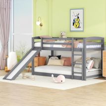 Etagenbett für Kinder und Jugendliche, Kinderbett mit Rutsche, Massivholzkonstruktion, einfacher Aufbau, 90x200cm, grau