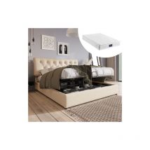 140x200 cm Bett mit Stauraum, gepolstertes Doppelbett, Erwachsenenbett mit verstellbarem Kopfteil, Stauraum und Lattenrost aus Metall, beiger