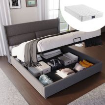 Lit double rembourré avec appuie-têtes réglables, lits avec espace de rangement, cadre de lit en lin, lit jeunesse 140x200 avec sommier à lattes