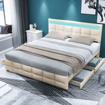 Lit rembourré 180 x 200 cm, lit double led, cadre de lit avec 4 tiroirs, sommier à lattes et dossier, lit double doux pour la peau en tissu velours