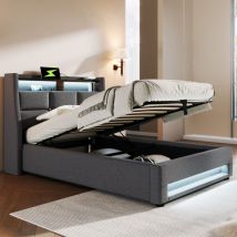 Lit rembourré avec usb 90x200cm, lit simple led avec sommier à lattes en métal, cadre de lit en lin, lit d'adolescent (sans matelas) Okwish