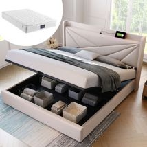 Okwish - Lit rembourré simple avec espace de rangement coffre de lit, tête de lit de fonction de chargement usb Type c, lit d'adolescent 140x200 avec