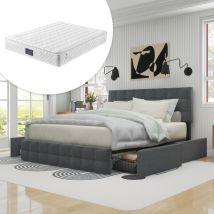 Okwish - Polsterbett mit 4 Schubladen&Federkernmatratze, Doppelbett mit Lattenrost, höhenverstellbares Kopfteil & quadratisches Nähdesign,