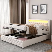 Polsterbett 160 x 200 cm, Funktionsbett mit Lattenrost und Stauraum, mit LED-Beleuchtung, mit Aufbewahrungsfunktion, weiß, pu