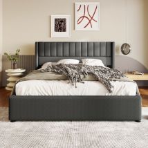 Okwish - Polsterbett Stauraumbett Hydraulisches Bett (140x200cm Grau Leinen ohne Matratze), Bett mit Lattenrost aus Metallrahmen
