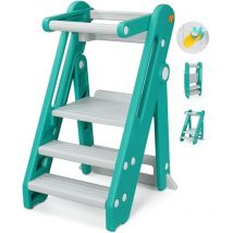 Chaise Haute Bébé HDPE,Tour d'Apprentissage 18 mois-6 ans Hauteur Réglable,Repose-pieds Antidérapants,Pliable,Sécurité - Vert
