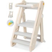 Chaise Haute Bébé HDPE,Tour d'Apprentissage 18 mois-6 ans Hauteur Réglable,Repose-pieds Antidérapants,Pliable,Sécurité - Gris