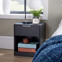 Home Source - One Drawer Black Bedside Wooden Table with Storage Drawer Shelf Metal Handles