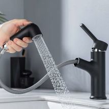 Robinet de Lavabo avec Douchette Extensible, 2 Modes D'écoulement aux Choix, Mitigeur Salle de Bains en 100% Laiton Durable, Robinet Noir pour