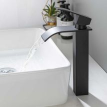 Rubinetto Bagno Lavabo Alto Nero, Rubinetto Cascata per Bagno, Rubinetto per Lavabo da Appoggio, Miscelatore Bagno Monocomando in Acciaio Inox 304,