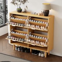 Hommoo - Meuble à chaussures en bois avec 4 tiroirs rabattables, en rotin avec poignées en métal et pieds en bois massif, chêne clair