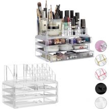2x Organiseurs cosmétiques, 2 parties, rangement maquillage, acrylique, emplacements porte-crayons, tiroirs, transparent