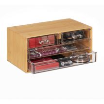 Relaxdays - Organiseur de maquillage, bambou, 4 tiroirs, HxLxP : 11x23,5x15 cm, rangement bijoux, nature/transparent