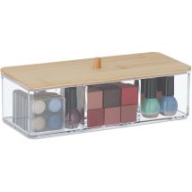 Organiseur maquillage couvercle bambou, 3 compartiments, rangement produits cosmétiques, transparent - nature - Relaxdays