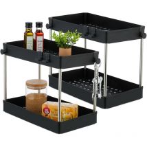 Organizer Mobile Sottolavello, Set da 2 Scaffali a 2 Ripiani, 4 Ganci, Prodotti Pulizia, hlp 32x40x22 cm, Nero - Relaxdays