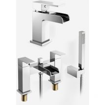 Nes Home - Ozone Modern Chrome Waterfall Basin Mono Tap & Bath Shower Mixer Tap + Waste