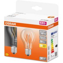 Ampoule led Osram, forme de piston classique, remplacement de 40 watts, E27, Shape, 2700 Kelvin, blanc chaud, verre transparent, pack de 2-er