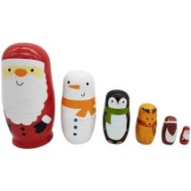 Tonchean - Other Christmas Decoration, 6pcs Wooden Russian Nesting Dolls Cute Traditional Santa Claus Wishing Matryoshka Handmade Sorting and