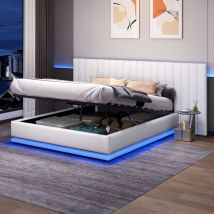 Abrihome - Ottoman Bed with led Lighting , Velvet Upholstered Bed with Hydraulic Storage, 4ft6 Double Bed Frame with Channel Tufted Wide Headboard,