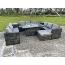 Fimous - Outdoor Rattan Garden u Shape Furniture Gas Fire Pit Table Sets Gas Heater Lounge Sofa Dark Grey Big Footstool 10 Seater