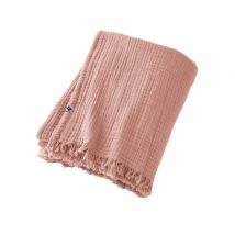 Ourea - Plaid à Franges 180x220cm 4 Epaisseurs Gaze de Coton Rose Pêche