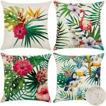 Erhope - 45x45cm Outdoor Cushion Cover, Set of 4 Waterproof Tropical Plants and Flowers and Birds Pattern Sofa Pillowcase for Patio Garden Living