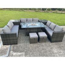 Fimous - Outdoor Rattan Garden Corner Furniture Gas Fire Pit Table Gas Heater Sets Side Tables Small Footstools Dark Grey 11 Seater