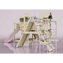 Spielturm Gustav aus Holz in Rosa mit Trapezschaukel - Outdoortoys